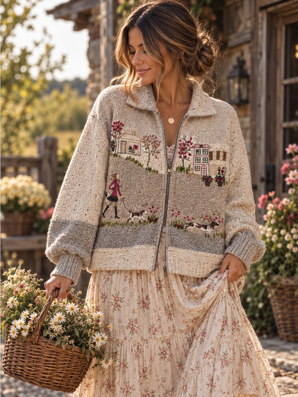 Vintage TanJay Cozy Cream Zip-Front Embroidered Knit Cottage Core Sweater